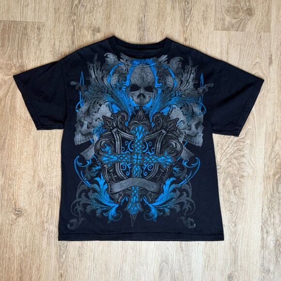 MMA Elite Graphic T-Shirt Skulls Cross Black Blue Print Size Large Cotton - Picture 1 of 5